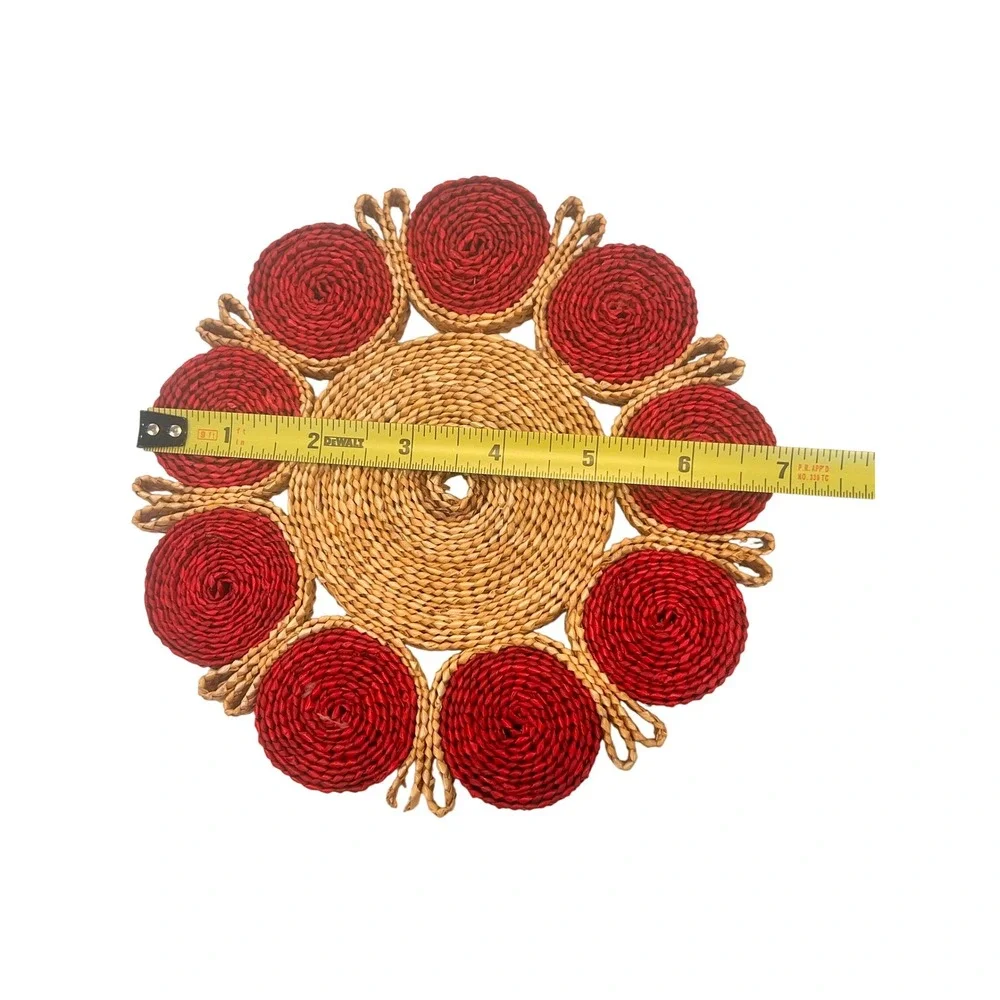 Vintage Boho Wicker Trivets Set of 2 Red Green Orange Woven Straw Hot Pads 7.5in